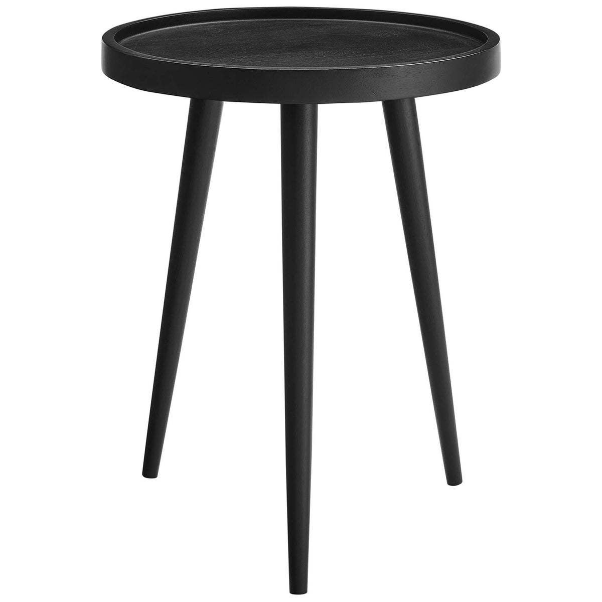 Black round mango wood side table with raised tray top and three slim tapered legs || EEI-6830-BLK || front_angle_studio