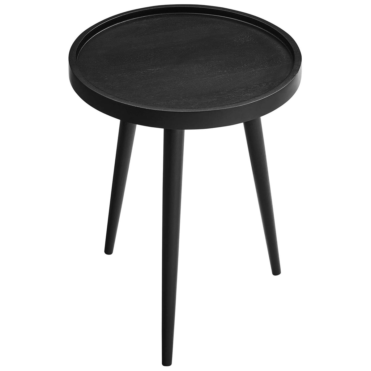 Round black side table highlighting the raised tray lip and airy three-leg silhouette || EEI-6830-BLK || top_angle_studio