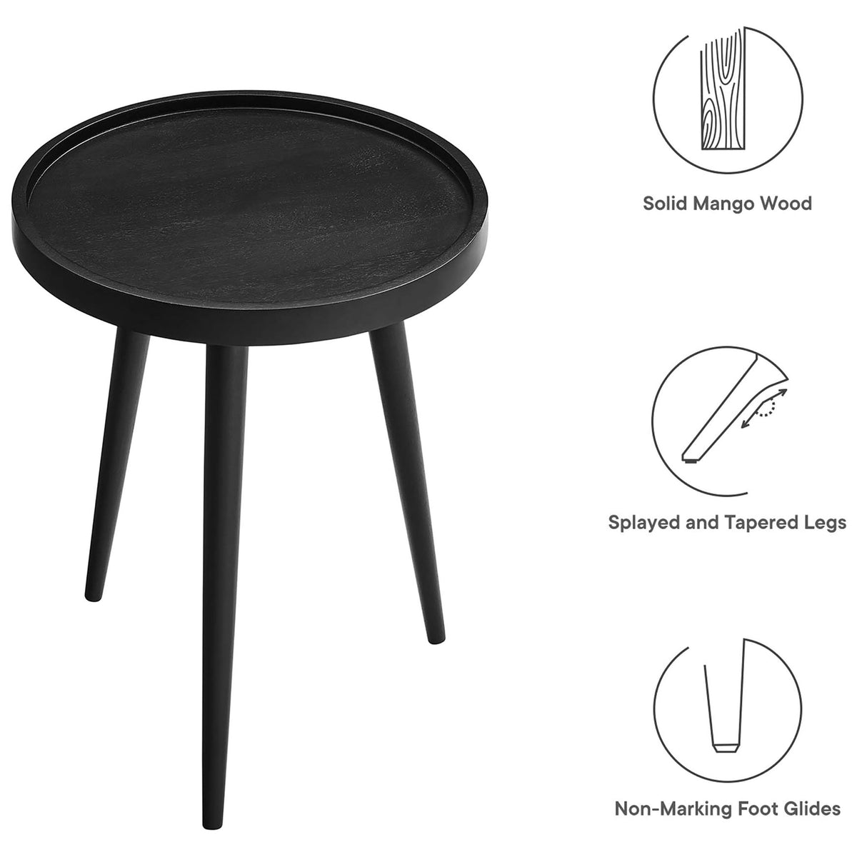 Black tray top side table featuring solid mango wood, tapered legs, and non-marking floor glides || EEI-6830-BLK || callout_studio