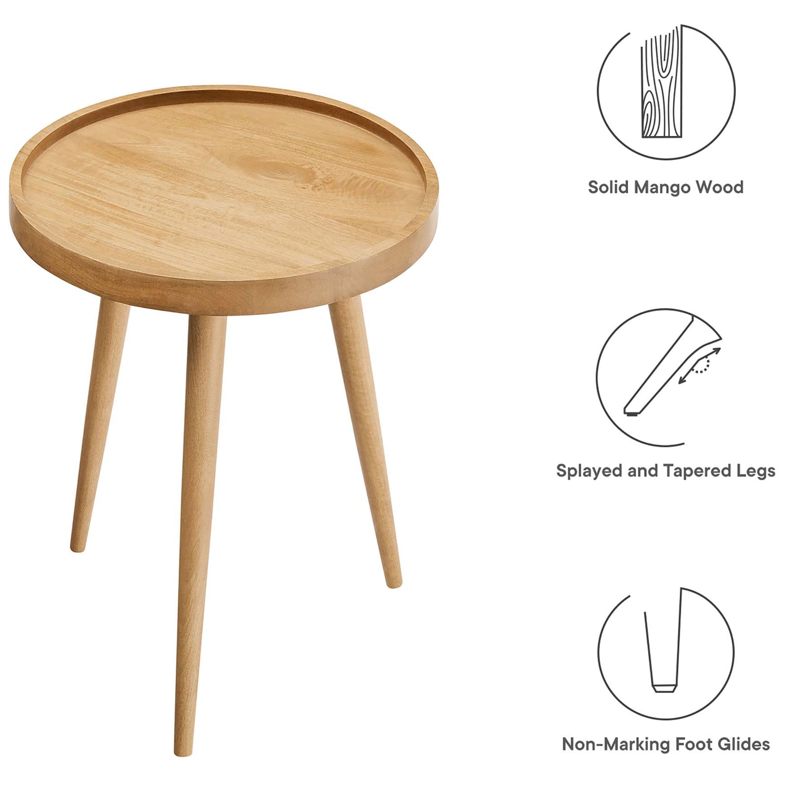 Feature overview of the natural wood side table with icons for solid mango, tapered legs, and floor glides || EEI-6830-NAT || callout_studio
