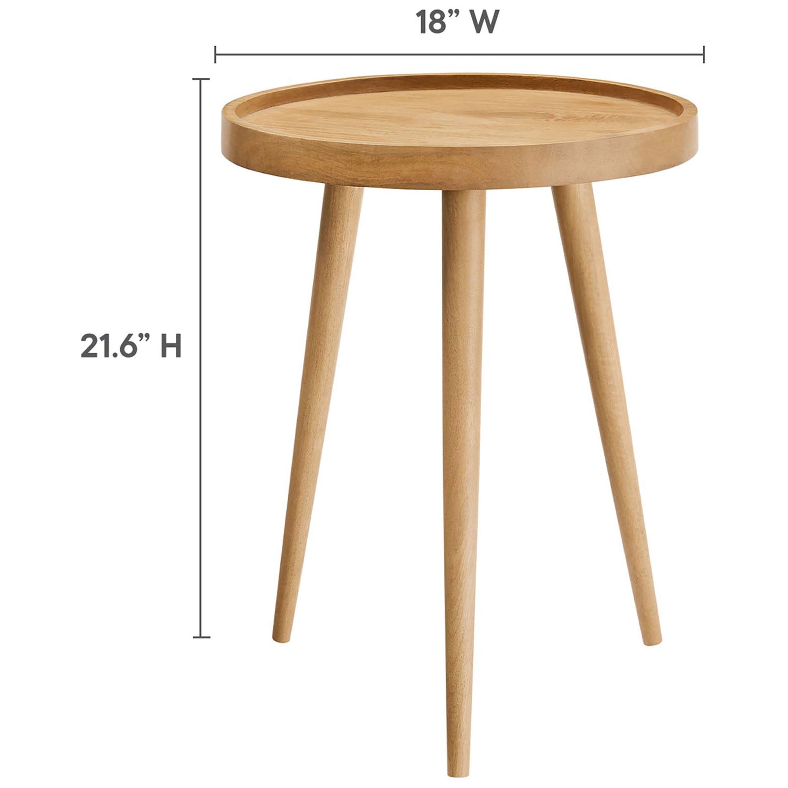 Dimension view of the round side table showing its compact 18 inch width and 21.6 inch height || EEI-6830-NAT || dimension_studio