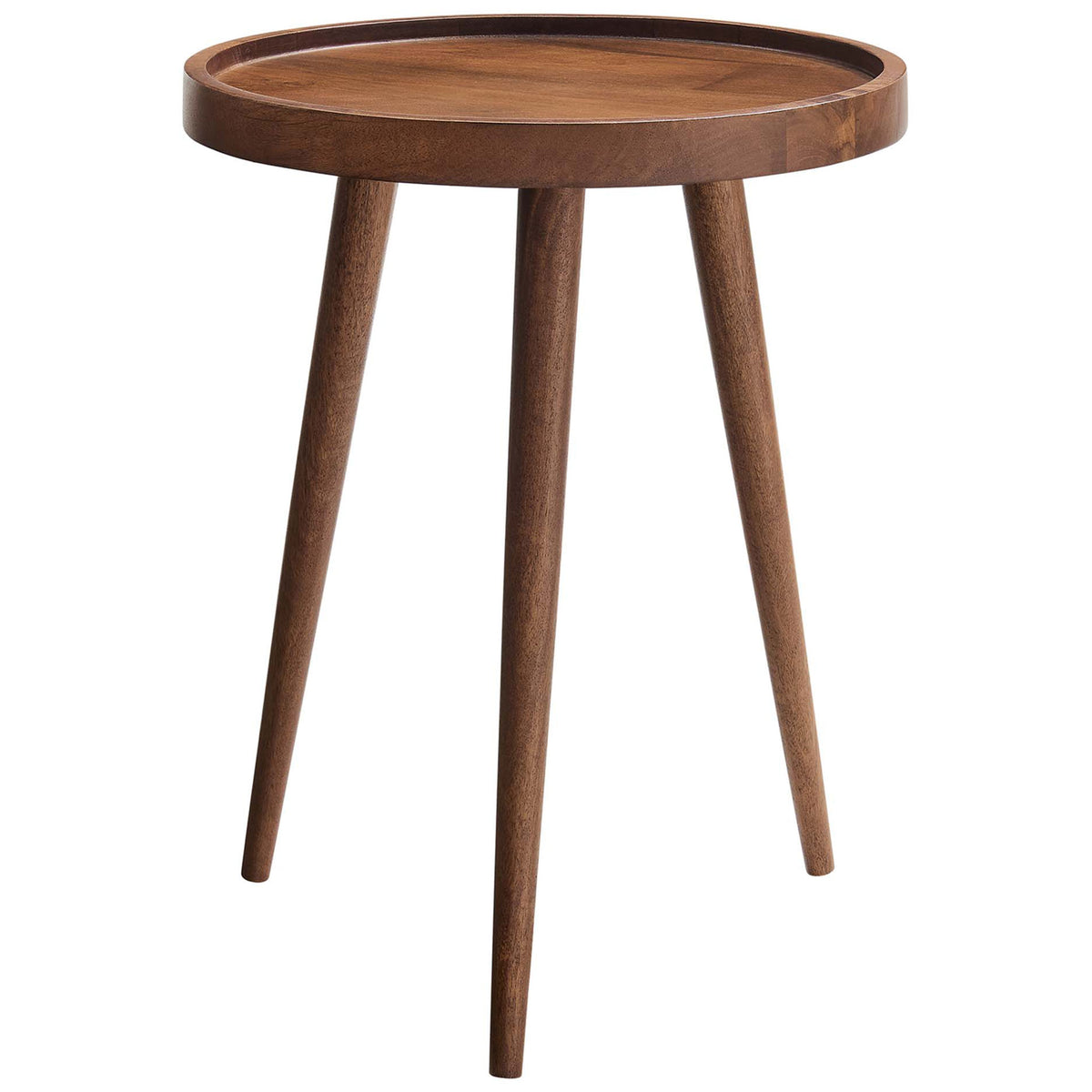 Walnut round side table with raised tray top and three tapered legs adds mid-century warmth to any room || EEI-6830-WAL || front_angle_studio