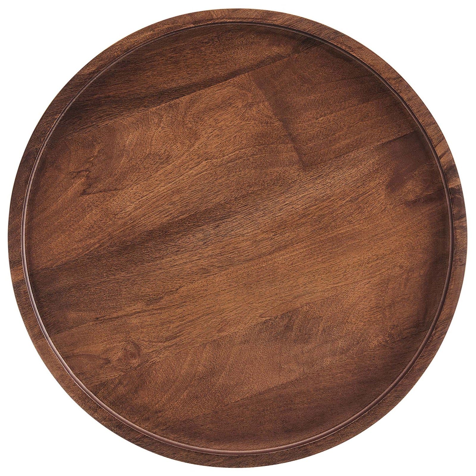 Round wooden tray tabletop with raised lip and rich walnut grain for secure, stylish display || EEI-6830-WAL || detail_studio