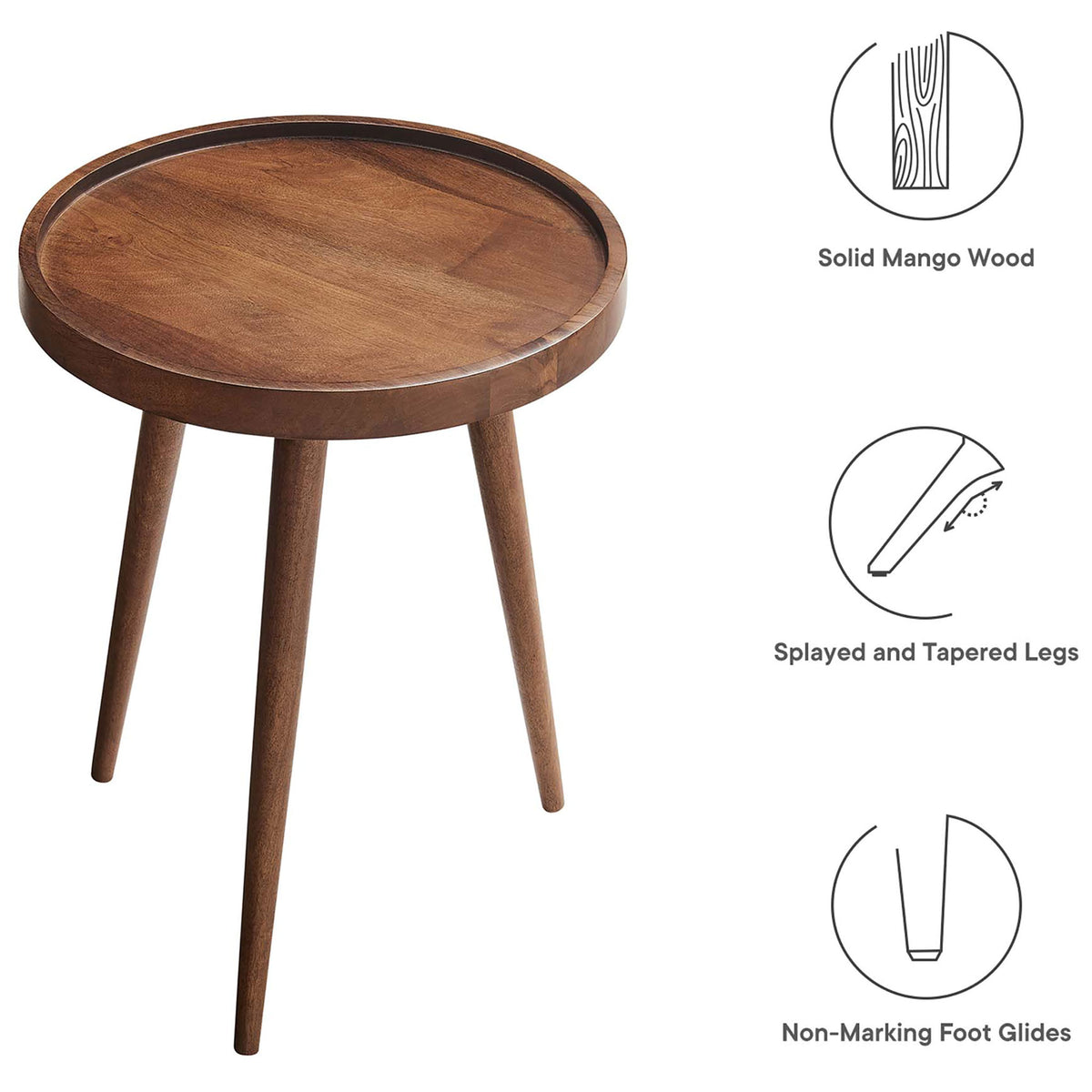 Walnut round side table highlighted with solid mango wood, splayed tapered legs, and non-marking glides || EEI-6830-WAL || callout_studio