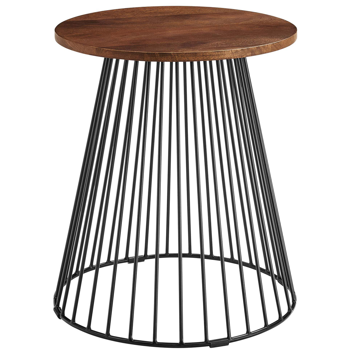 Round walnut side table with warm mango wood top and airy black metal wire base || EEI-6831-WAL || front_studio