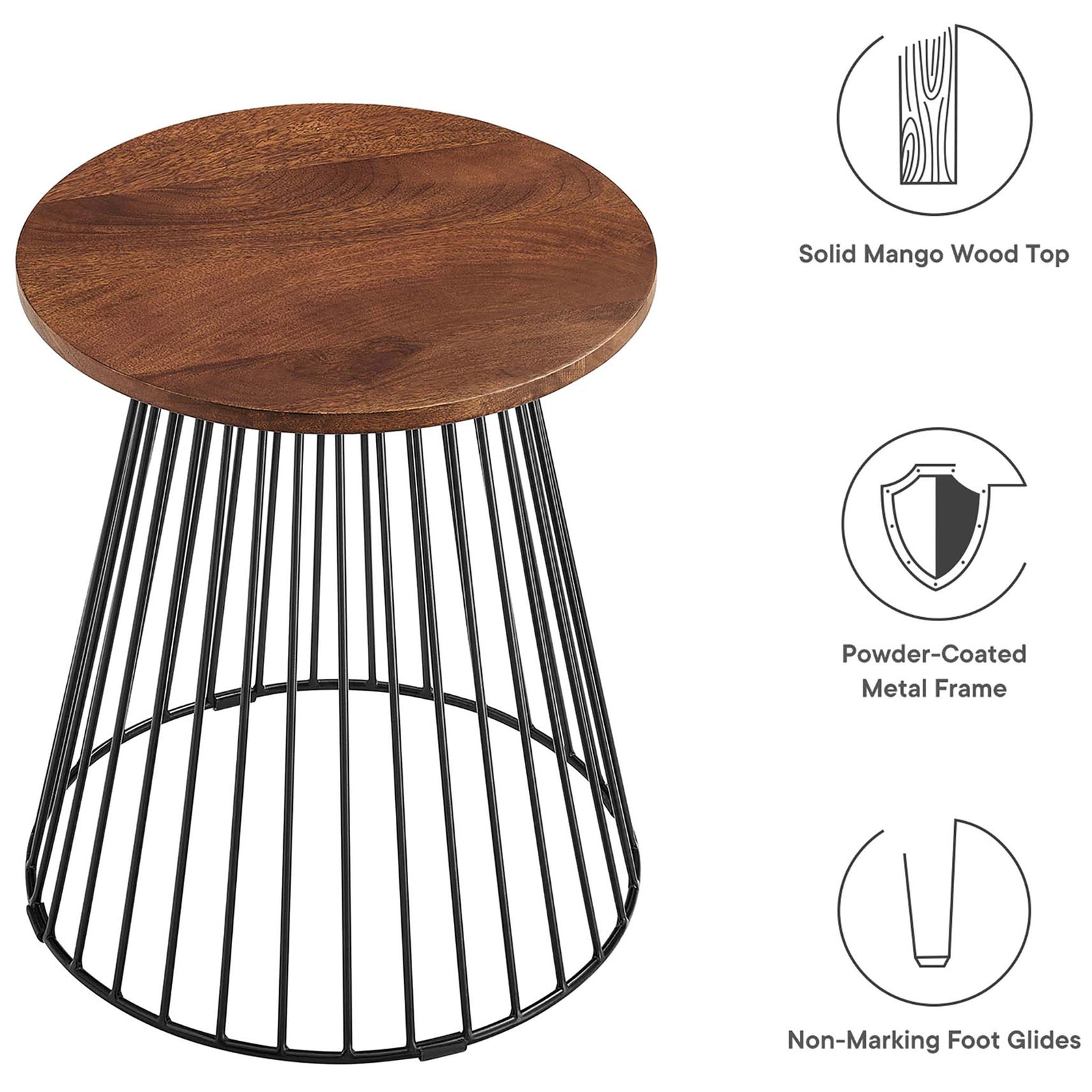 Side table with walnut mango wood top, metal base, and icons highlighting wood and nonmarking floor glides || EEI-6831-WAL || callout_studio
