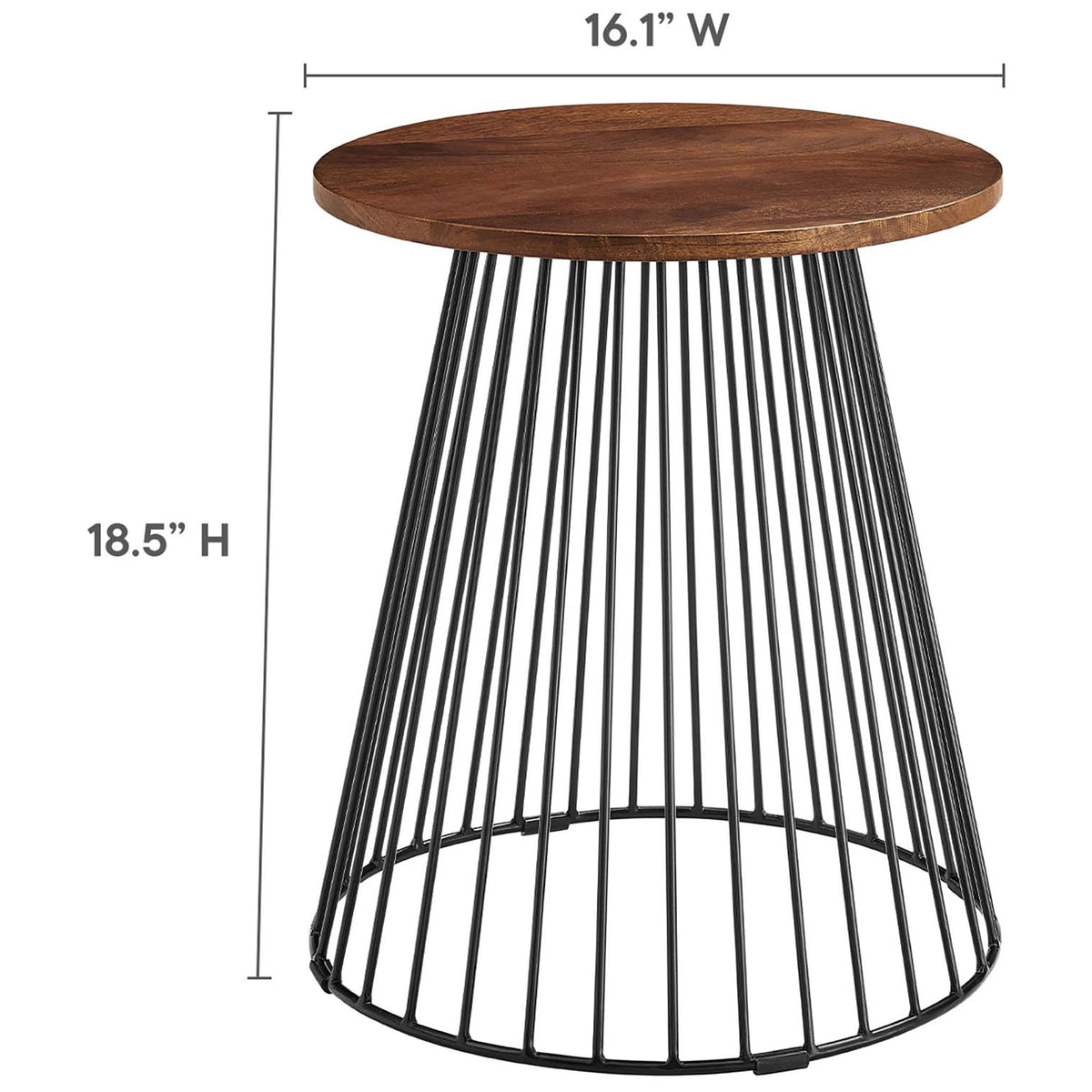 Walnut round side table with metal base shown with measurements of 16.1 inches wide and 18.5 inches high || EEI-6831-WAL || dimension_studio