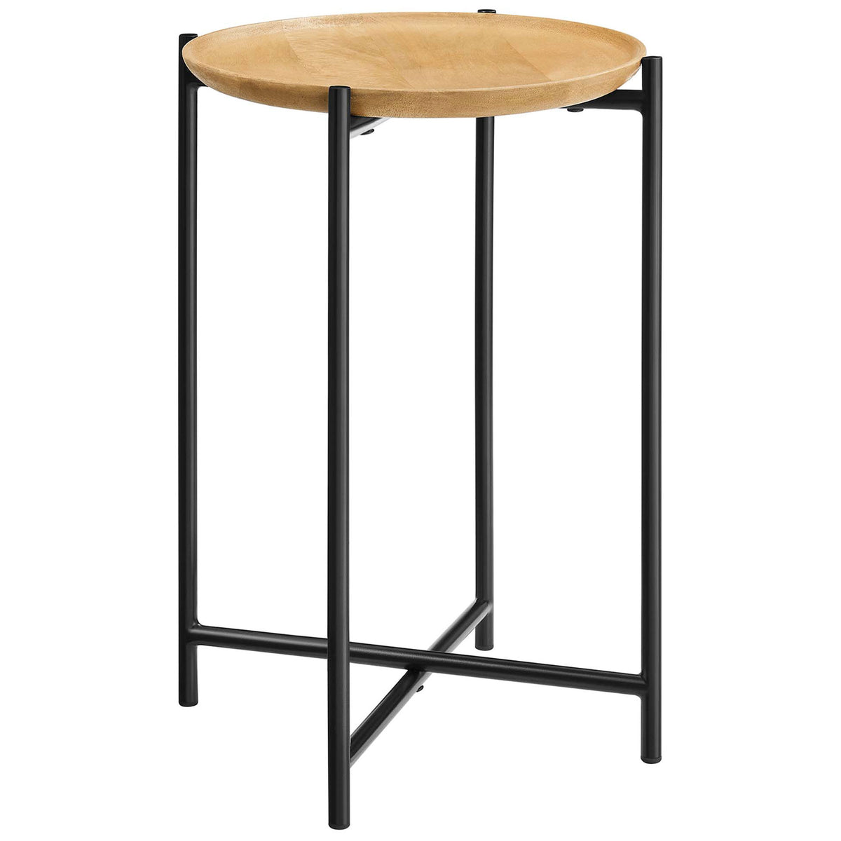 Oak round side table with gallery edge and black metal frame with intersecting stretchers || EEI-6832-OAK || front_angle_studio