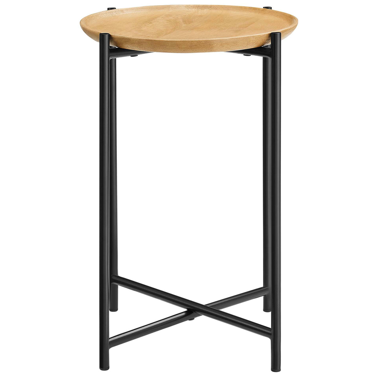 Round oak mango wood side table with slim black metal legs and crossed base || EEI-6832-OAK || front_studio