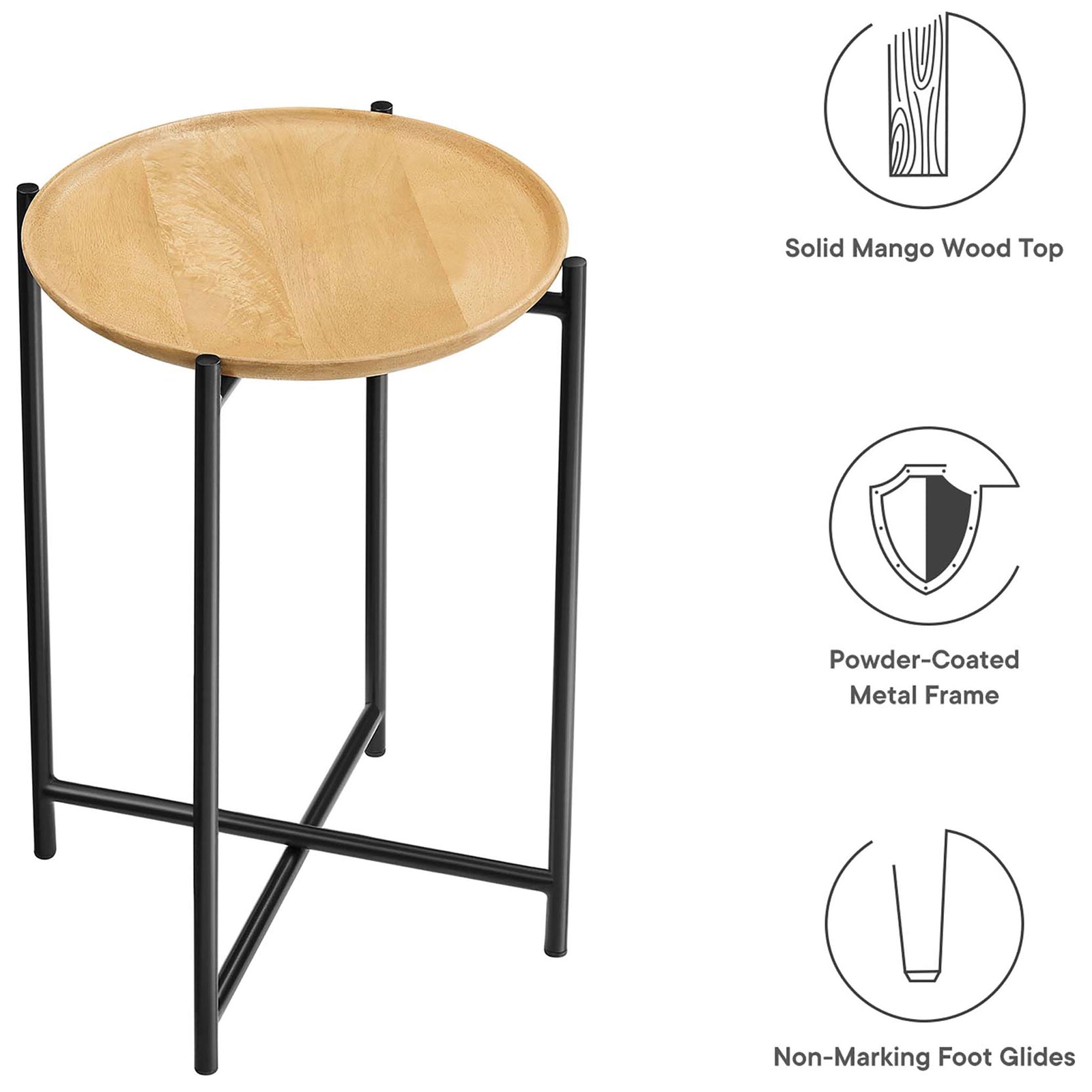 Xilo side table with oak wood top, black metal base, and icons highlighting key features || EEI-6832-OAK || callout_studio