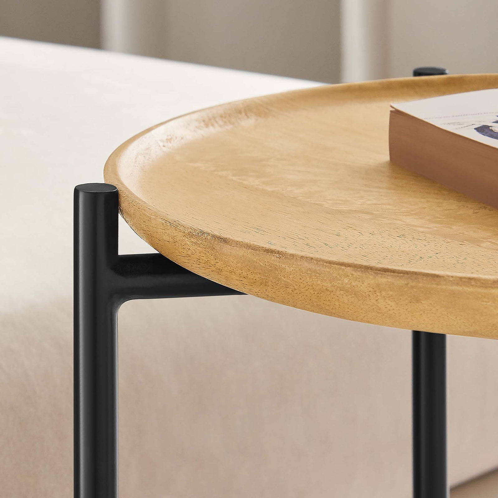 Oak wood side table beside a bed, offering a warm modern surface for books or decor || EEI-6832-OAK || detail_room
