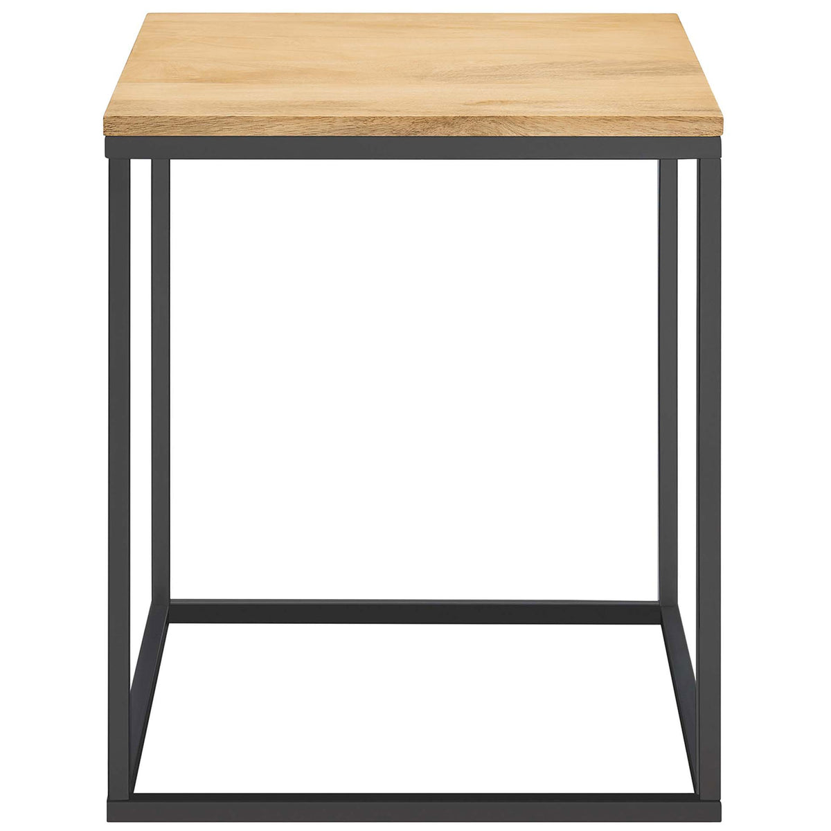 Compact square side table with light oak mango wood top and slim black metal frame || EEI-6833-OAK || front_studio