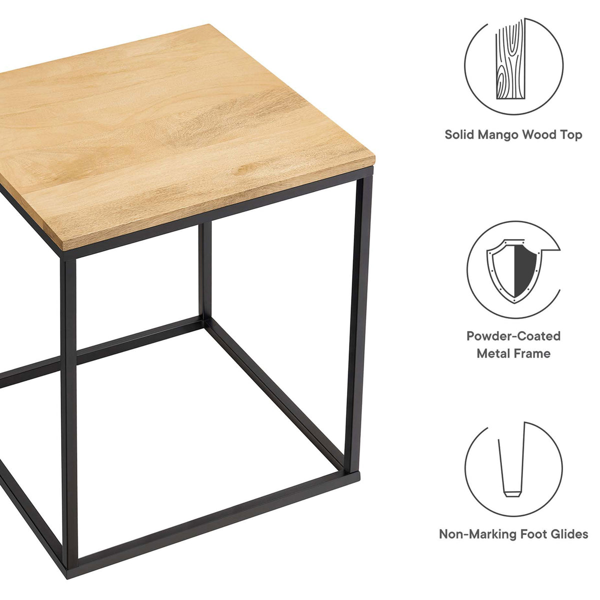 Side table highlighting solid mango wood top, powder coated metal frame, and floor friendly glides || EEI-6833-OAK || callout_studio