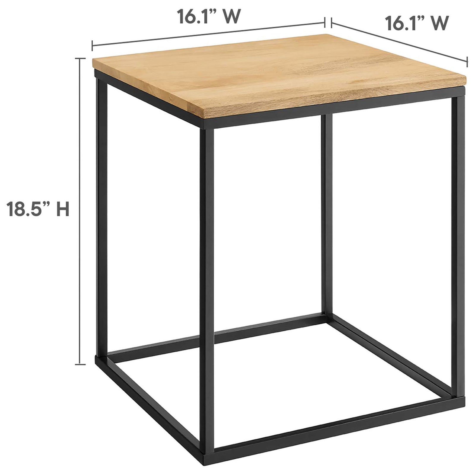 Size guide shows compact square side table dimensions for versatile small space use || EEI-6833-OAK || dimension_studio