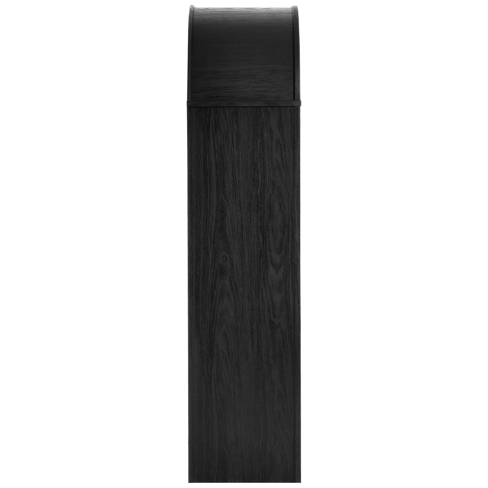 Side view of the tall arched cabinet in black oak showing its slim, space-saving depth || EEI-6834-BLK-OAK || side_studio