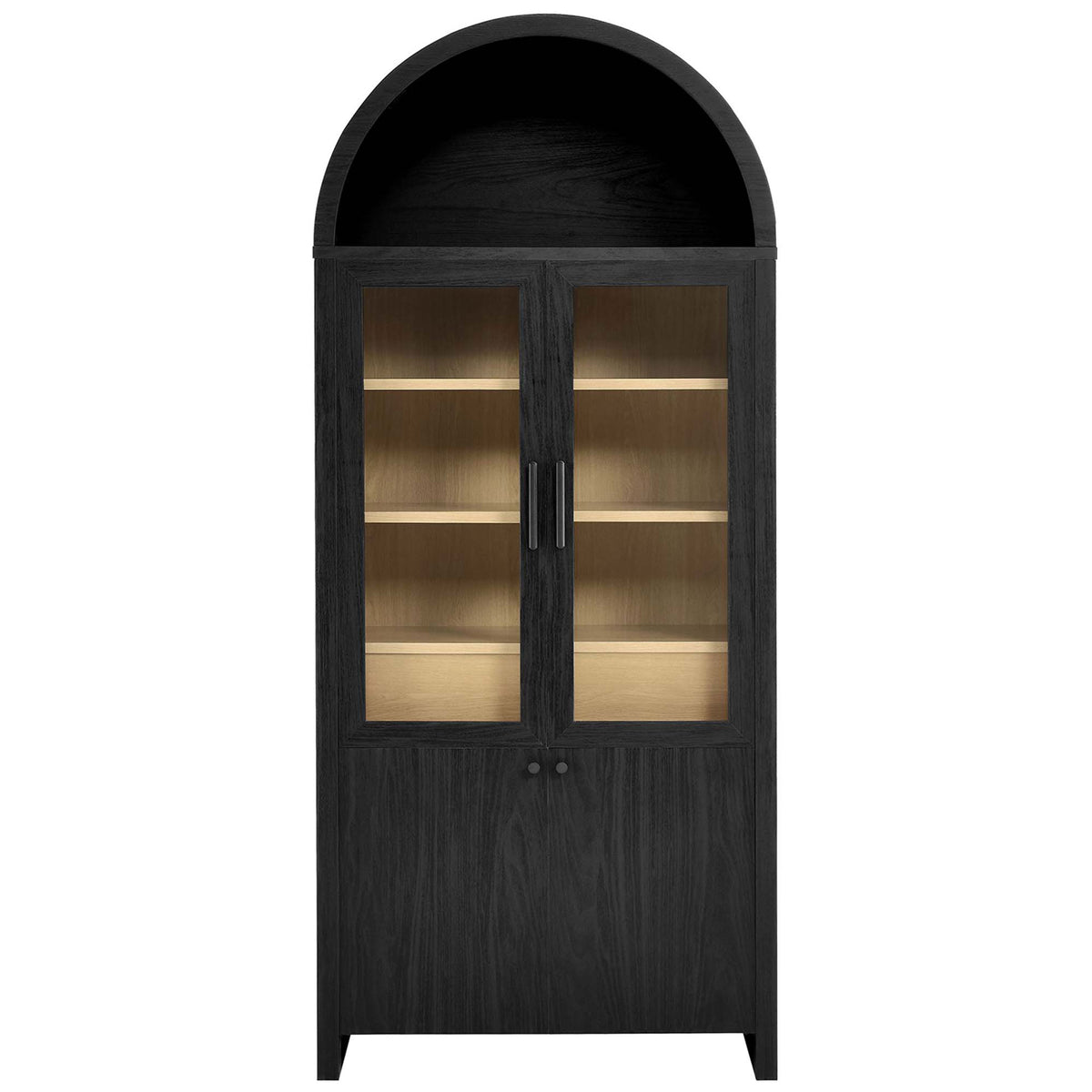 Tall arched black oak display cabinet with glass doors and contrasting wood-tone shelves || EEI-6834-BLK-OAK || front_studio