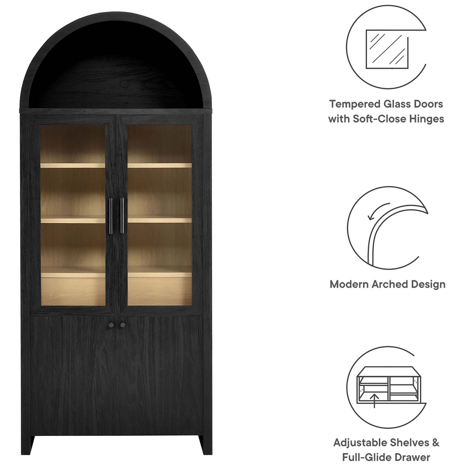 Evie arched cabinet with icons highlighting tempered glass doors, arched design, and storage features || EEI-6834-BLK-OAK || callout_studio