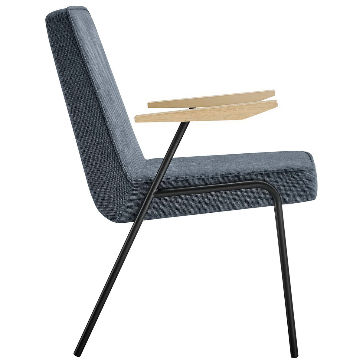 Slim side profile of Laguna dining chair with tapered legs and sculpted wood armrests || EEI-6835-LAG || side_studio