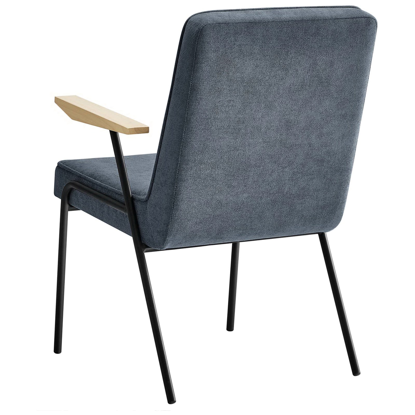 Rear view of Laguna armchair featuring smooth upholstered back and minimalist black metal frame || EEI-6835-LAG || back_angle_studio