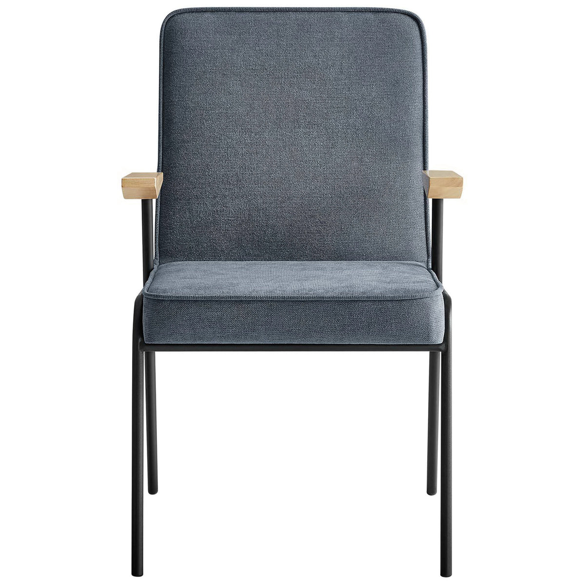 Laguna blue dining armchair with slim black frame, cushioned seat, and angled wood armrests || EEI-6835-LAG || front_studio