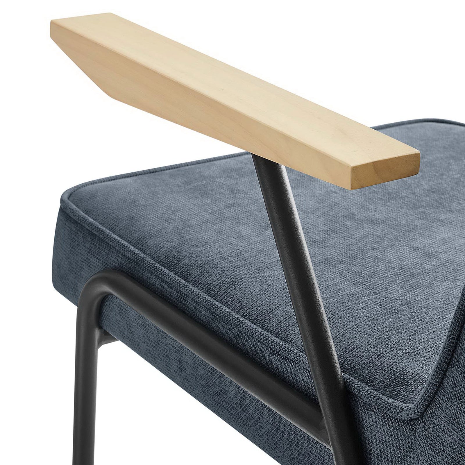 Close-up of angled solid wood armrest over textured Laguna fabric seat cushion || EEI-6835-LAG || detail_studio