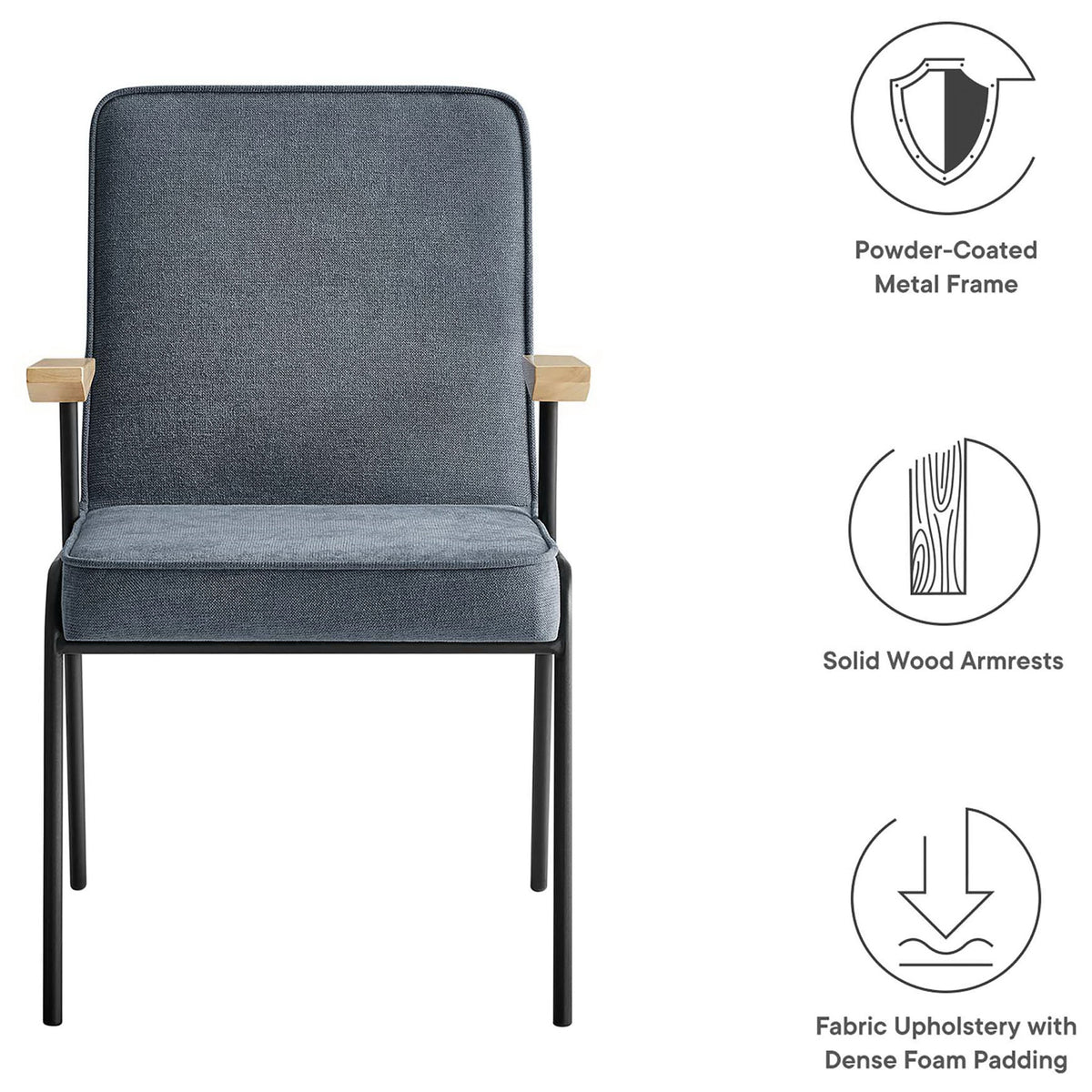 Front view of Laguna armchair with icons highlighting metal frame, wood arms, and plush fabric upholstery || EEI-6835-LAG || callout_studio