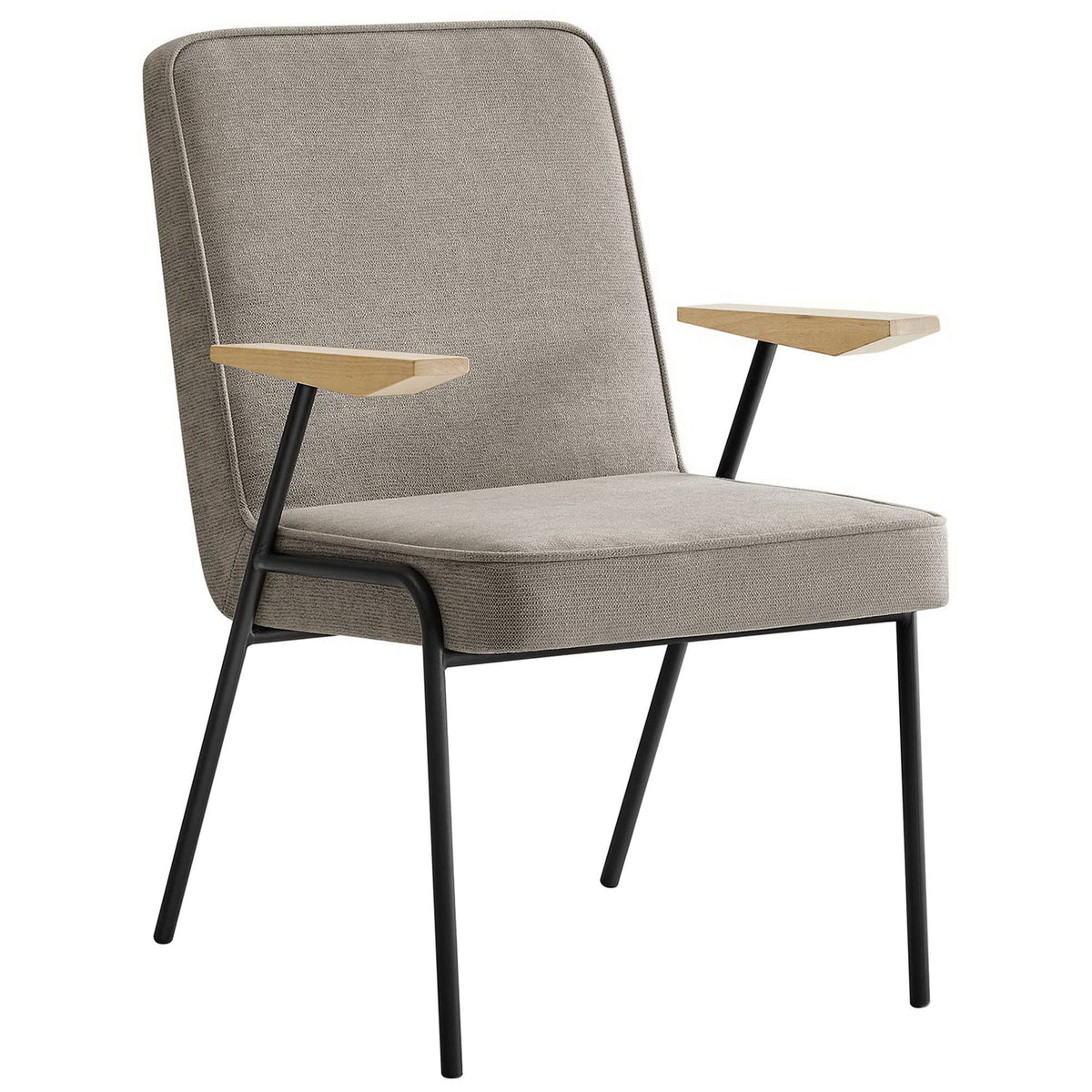 Sand upholstered dining armchair with slim black metal frame and angled wood arms || EEI-6835-SAN || front_angle_studio