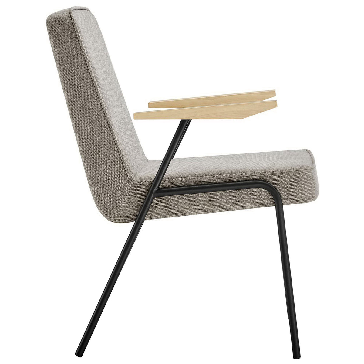 Sleek sand fabric armchair showcasing slim profile, tapered legs, and sculpted wood armrests || EEI-6835-SAN || side_studio