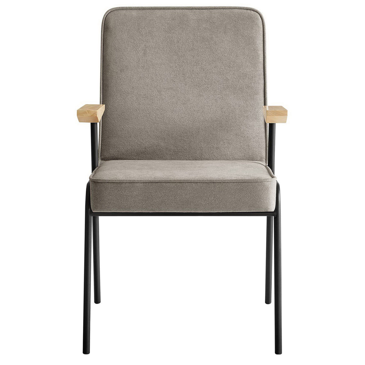 Comfortable sand upholstered dining chair with generous seat, square back, and black metal legs || EEI-6835-SAN || front_studio