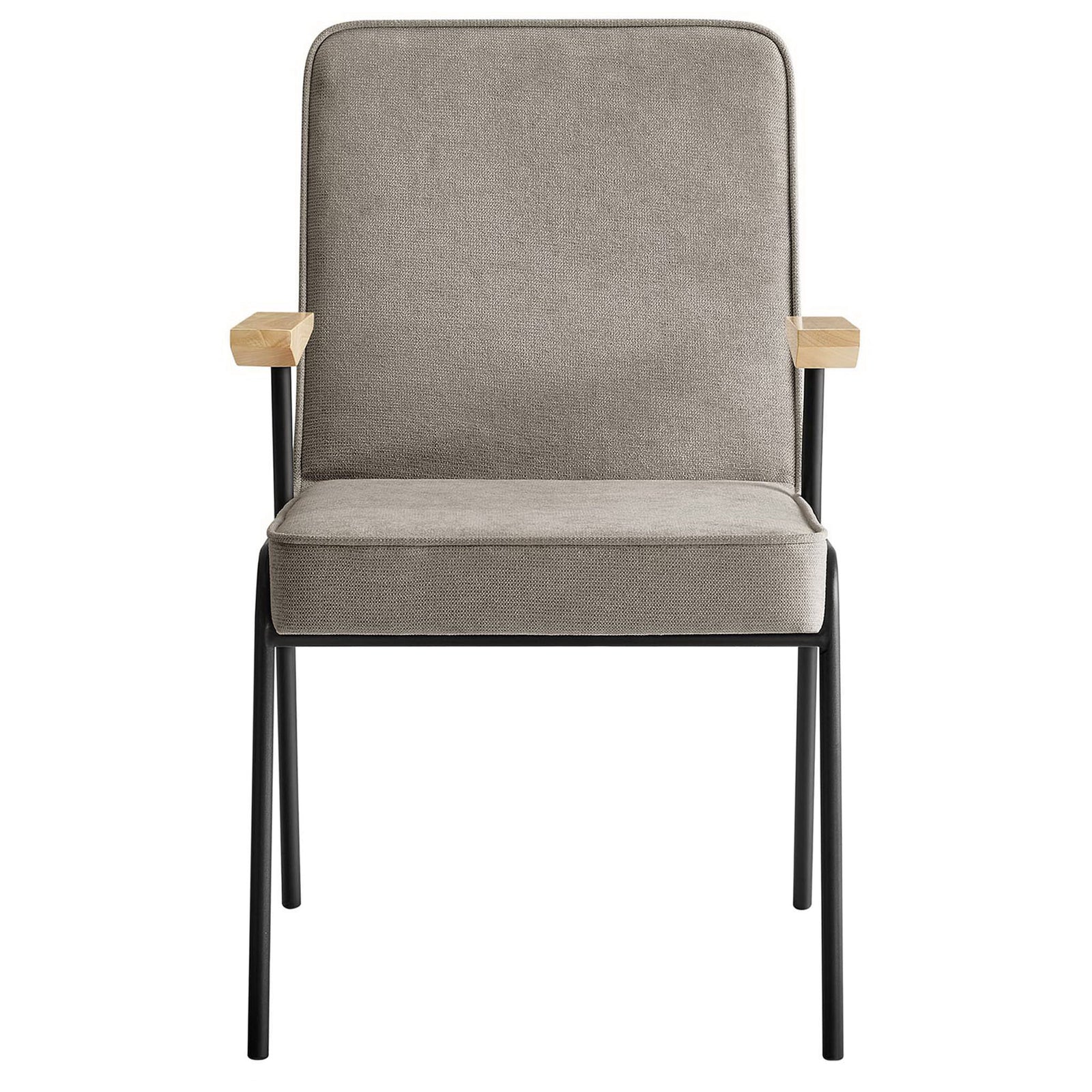 Comfortable sand upholstered dining chair with generous seat, square back, and black metal legs || EEI-6835-SAN || front_studio