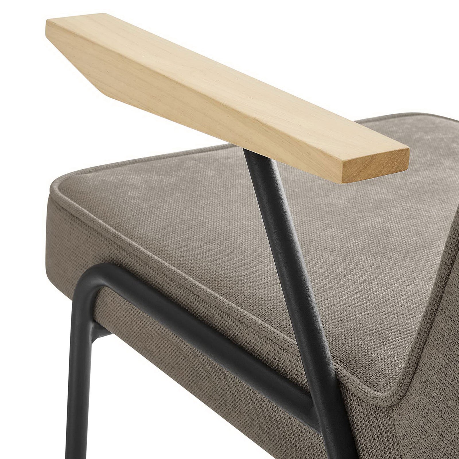 Textured sand upholstery and angled wood armrest detail with neatly piped seat cushion || EEI-6835-SAN || detail_studio