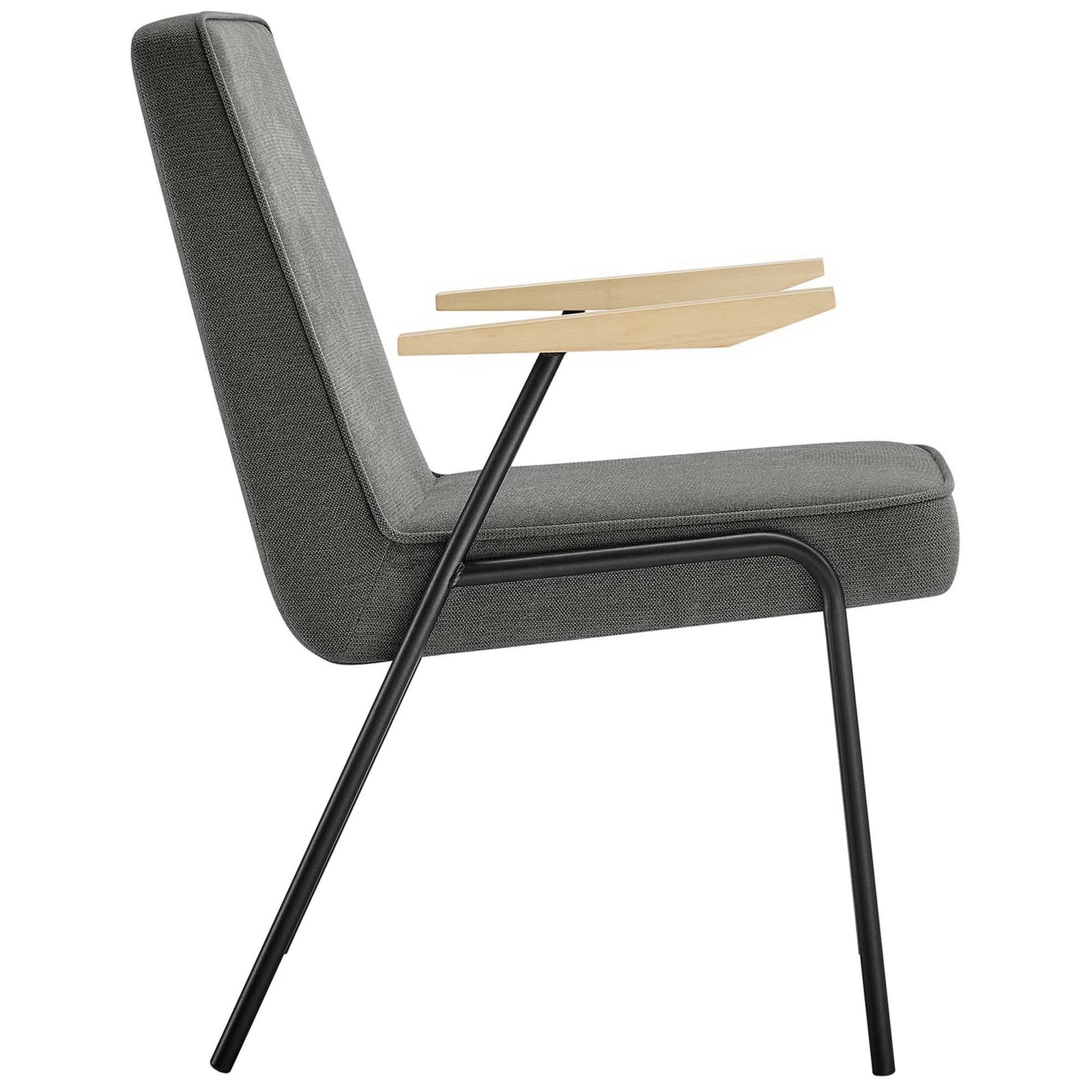 Low-profile slate dining armchair showcasing the slim side silhouette and tapered backrest. || EEI-6835-SLA || side_studio