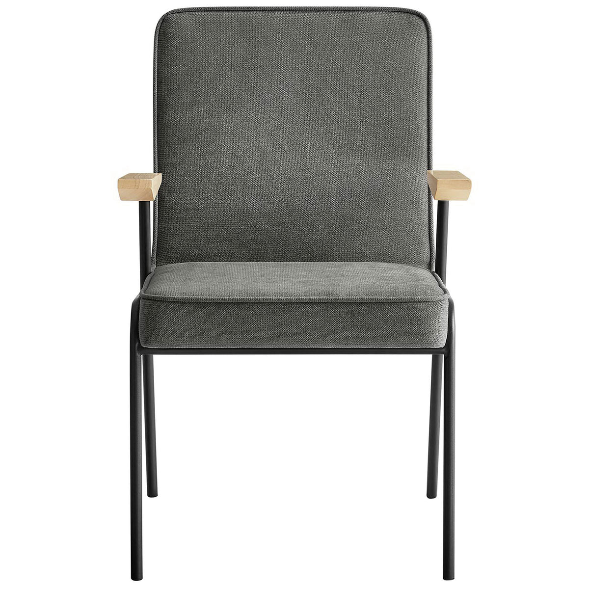 Modern slate dining armchair with boxy seat, slim frame, and light wood armrests. || EEI-6835-SLA || front_studio
