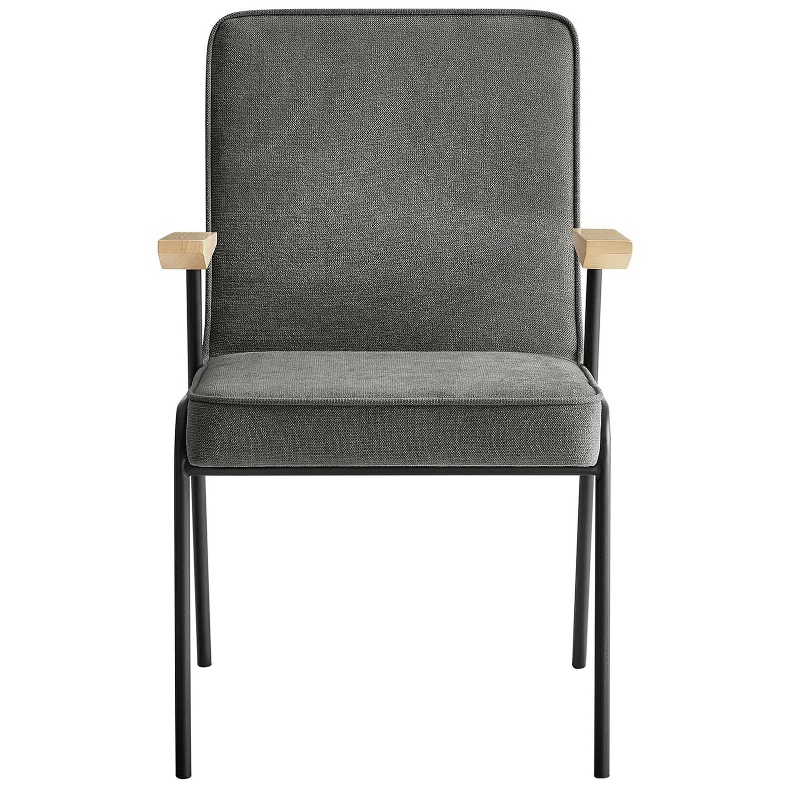 Modern slate dining armchair with boxy seat, slim frame, and light wood armrests. || EEI-6835-SLA || front_studio