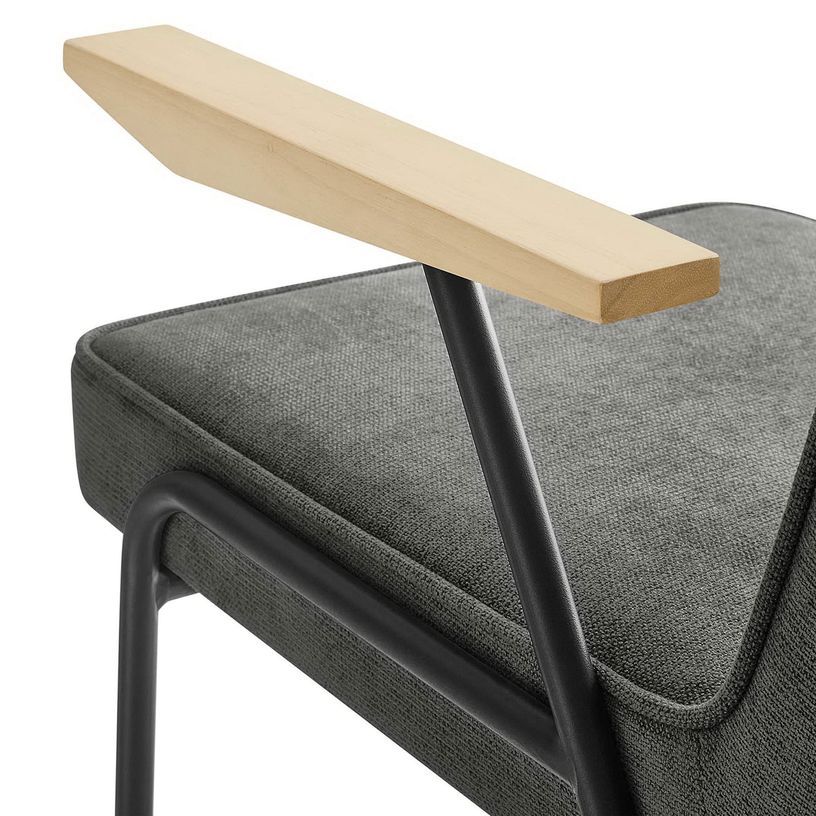 Padded slate seat and natural wood armrest highlighting texture and craftsmanship. || EEI-6835-SLA || detail_studio