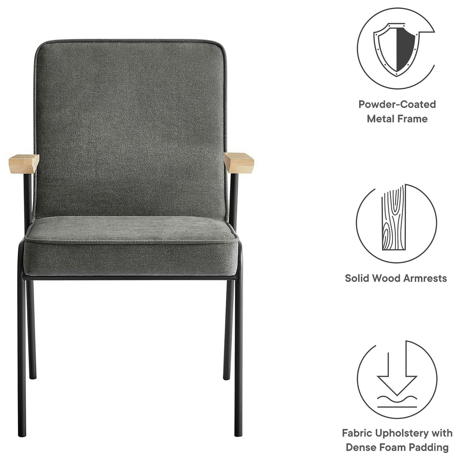Vista armchair with icons calling out its powder-coated frame, solid wood arms, and plush upholstery. || EEI-6835-SLA || callout_studio