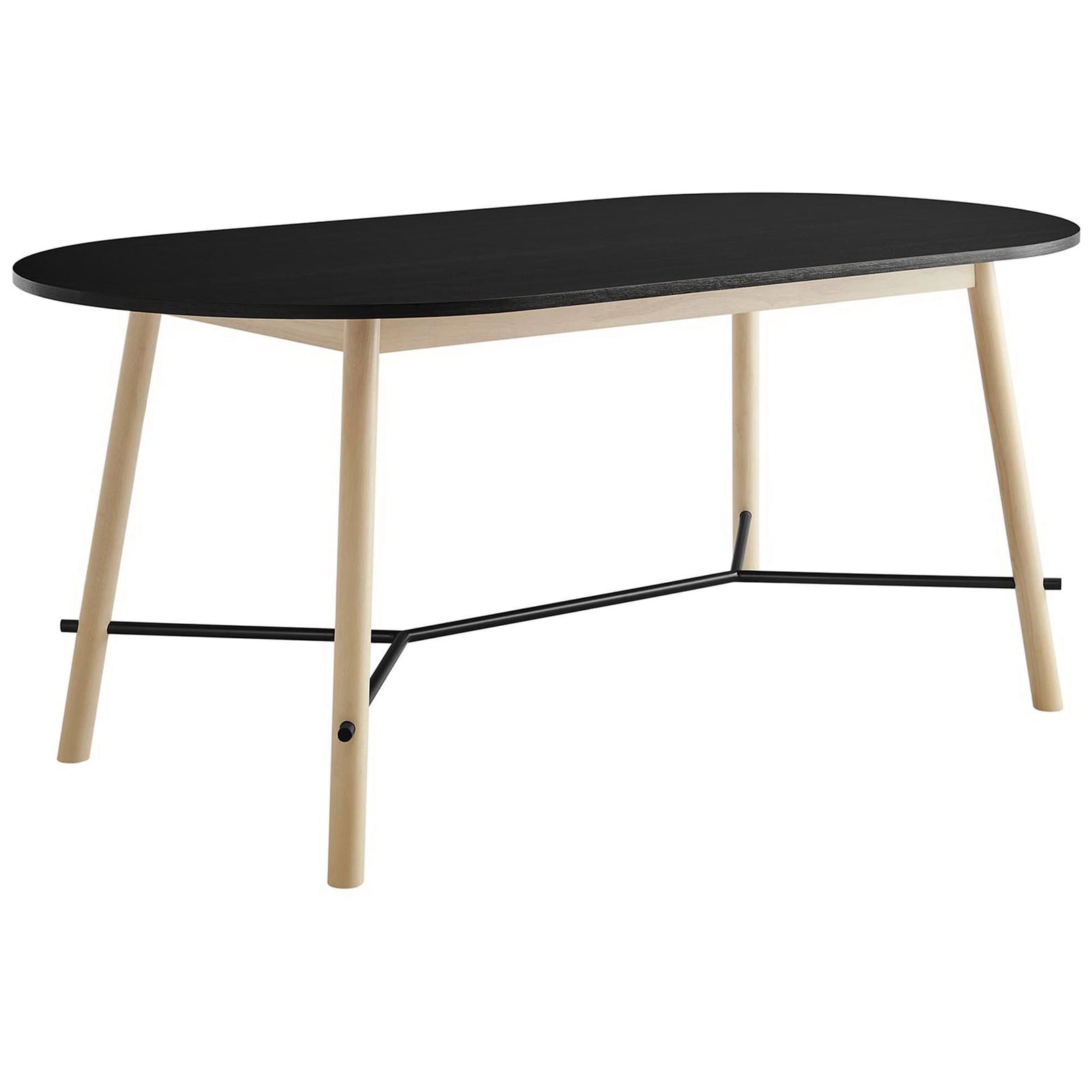 Black oak oval dining table with natural wood legs and slim black stretcher for modern contrast || EEI-6836-BLK-OAK || front_angle_studio