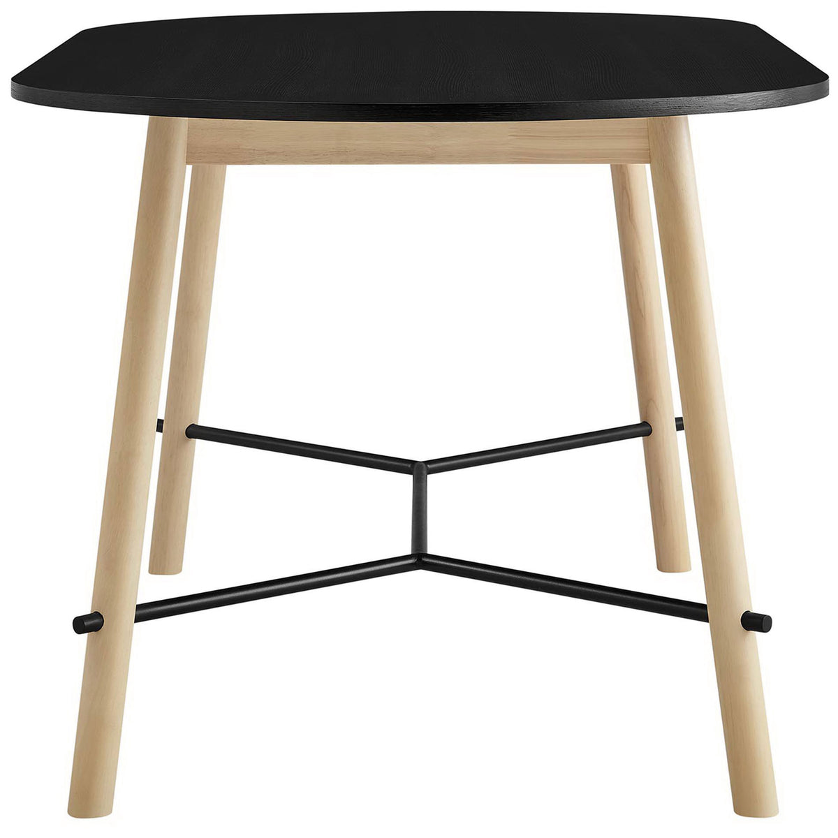 Slim-profile dining table end view highlighting tapered rubberwood legs and powder-coated stretcher || EEI-6836-BLK-OAK || side_studio
