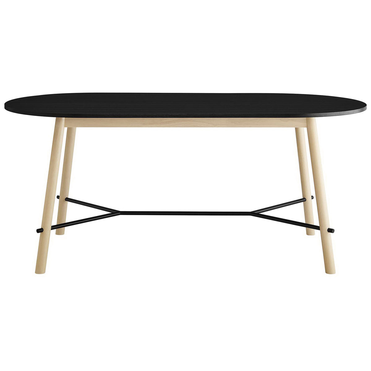 Oval black dining table with wood legs and Y-shaped metal stretcher for a clean, Scandinavian look || EEI-6836-BLK-OAK || front_studio