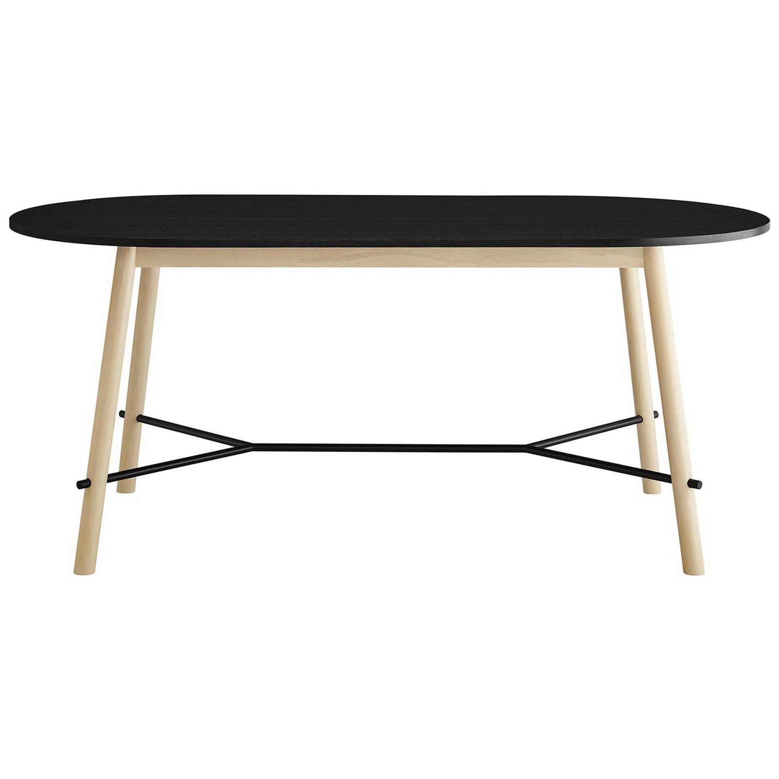 Oval black dining table with wood legs and Y-shaped metal stretcher for a clean, Scandinavian look || EEI-6836-BLK-OAK || front_studio