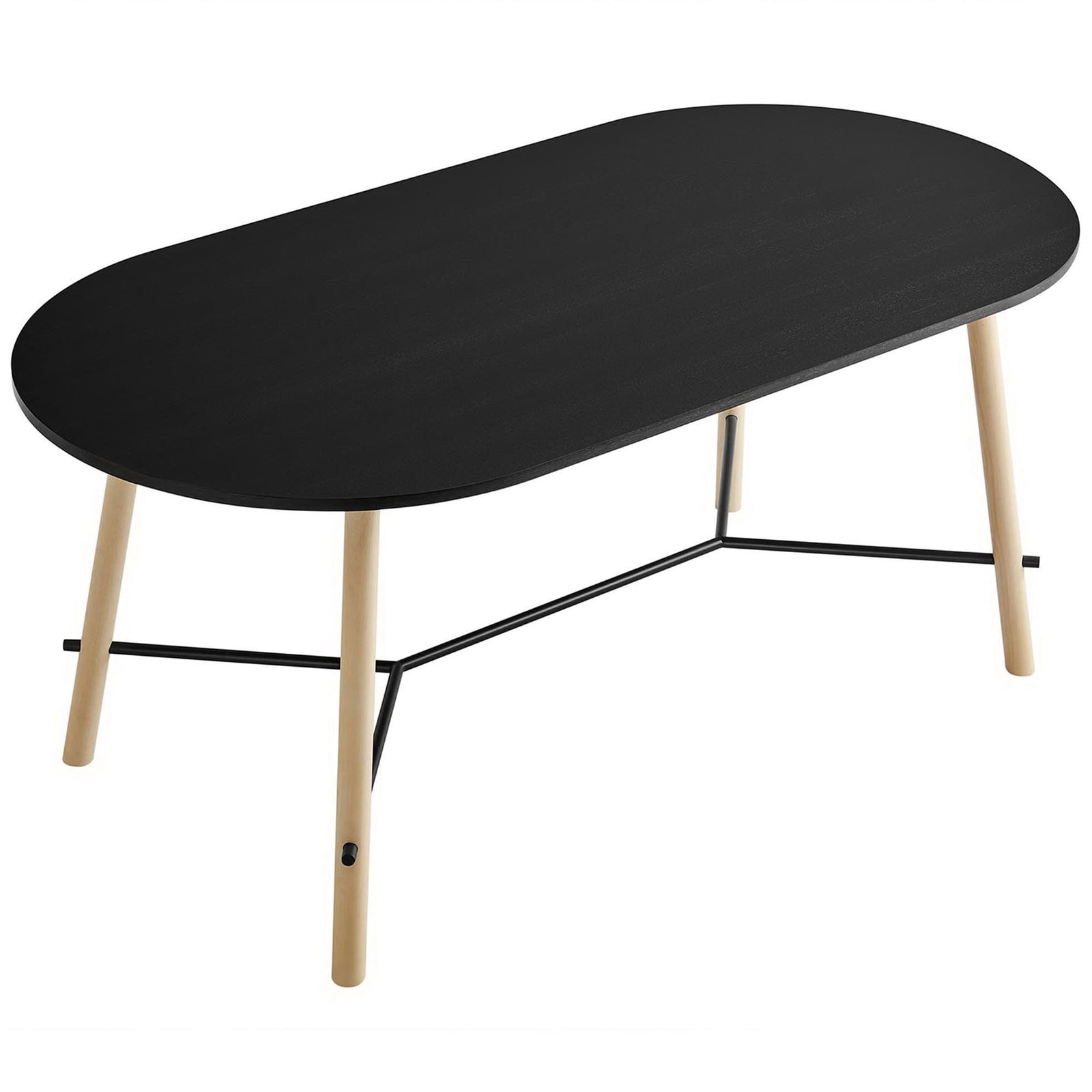 Spacious black wood-grain tabletop with softly rounded oval shape and smooth, easy-to-clean surface || EEI-6836-BLK-OAK || top_angle_studio