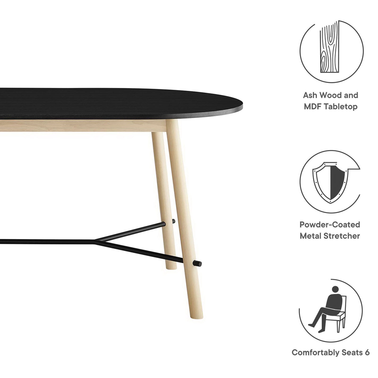 Feature callouts highlighting ash wood tabletop, sturdy rubberwood legs, and metal cross stretcher || EEI-6836-BLK-OAK || callout_studio