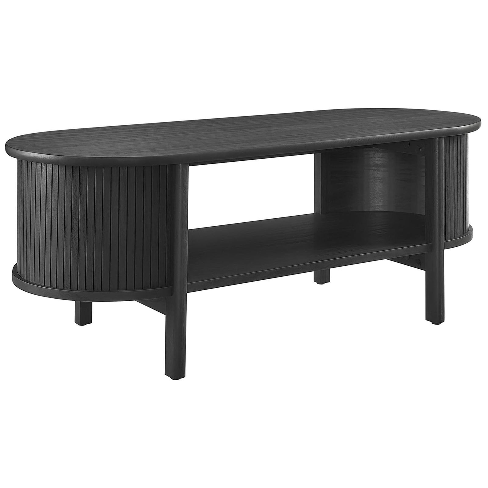 Curved edges and a spacious lower shelf bring refined storage to this black oval coffee table. || EEI-6837-BLK || front_angle_studio