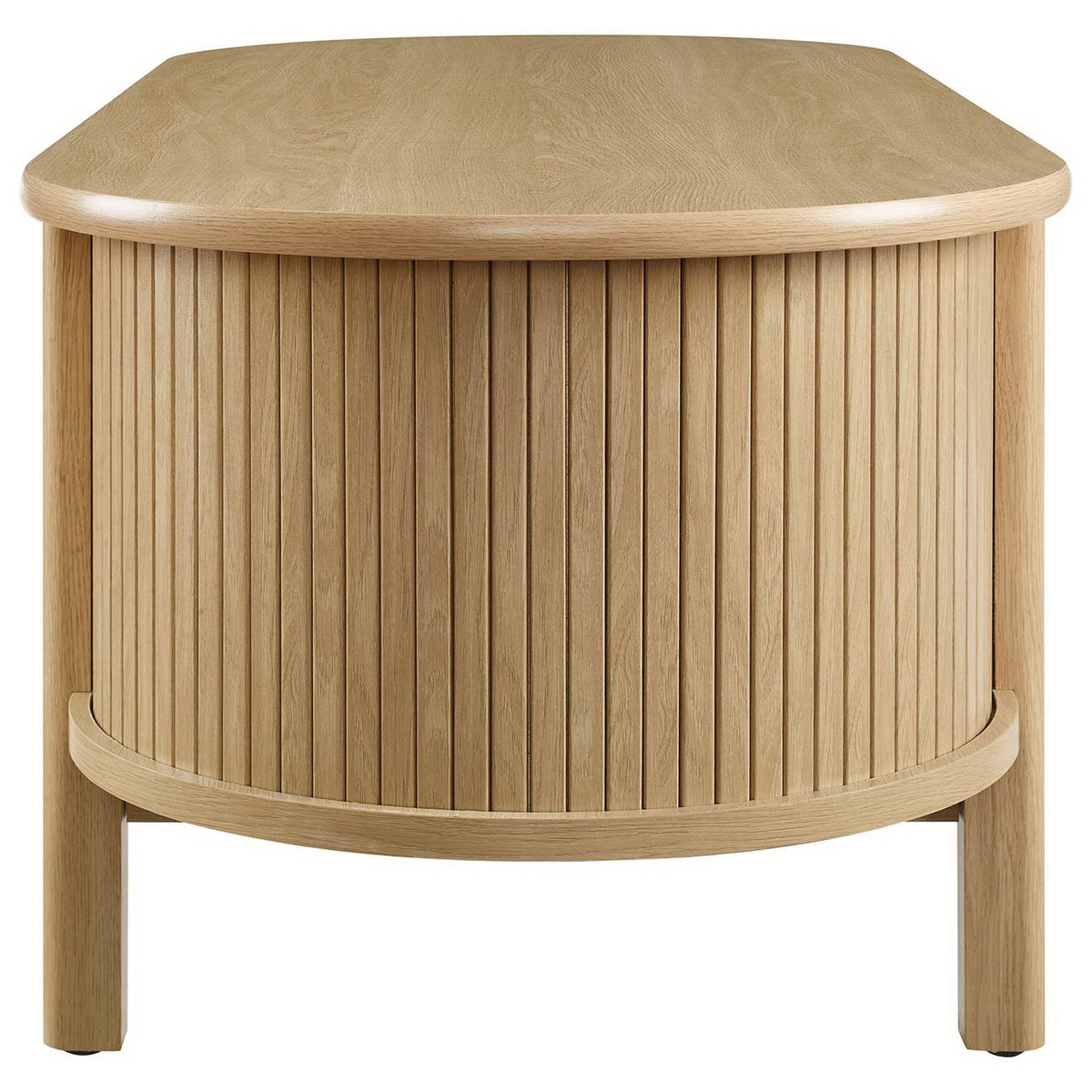 Curved fluted end panels lend texture to this oak oval coffee table || EEI-6837-OAK || side_studio