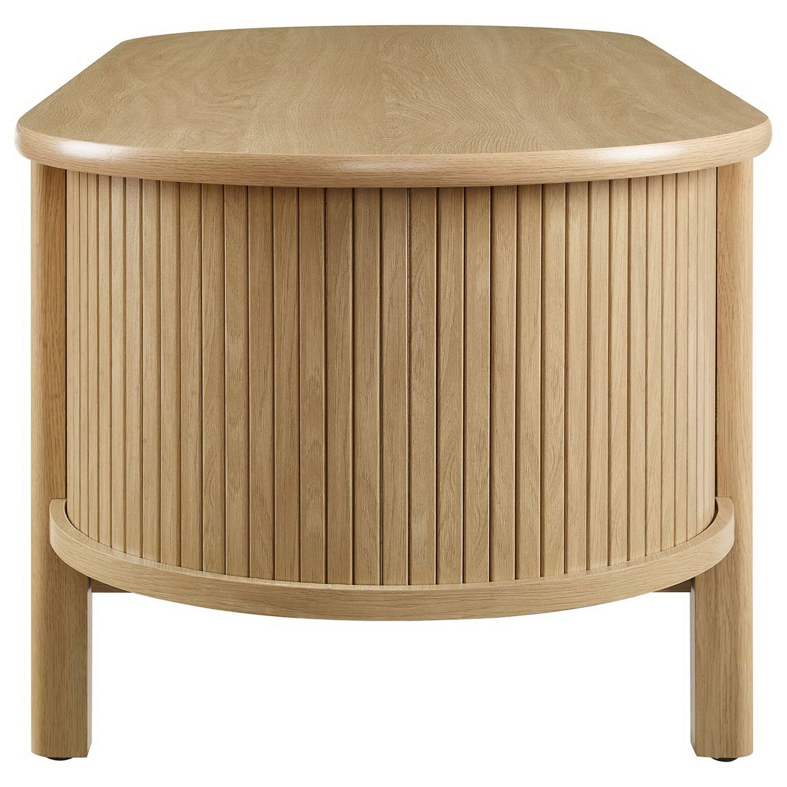 Curved fluted end panels lend texture to this oak oval coffee table || EEI-6837-OAK || side_studio
