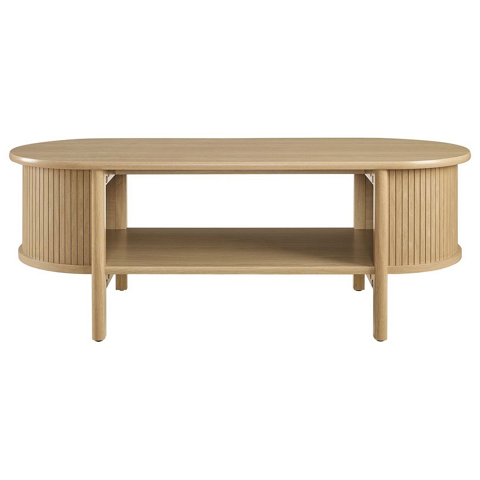 Streamlined mid-century profile in oak with ribbed sides and open storage || EEI-6837-OAK || front_studio