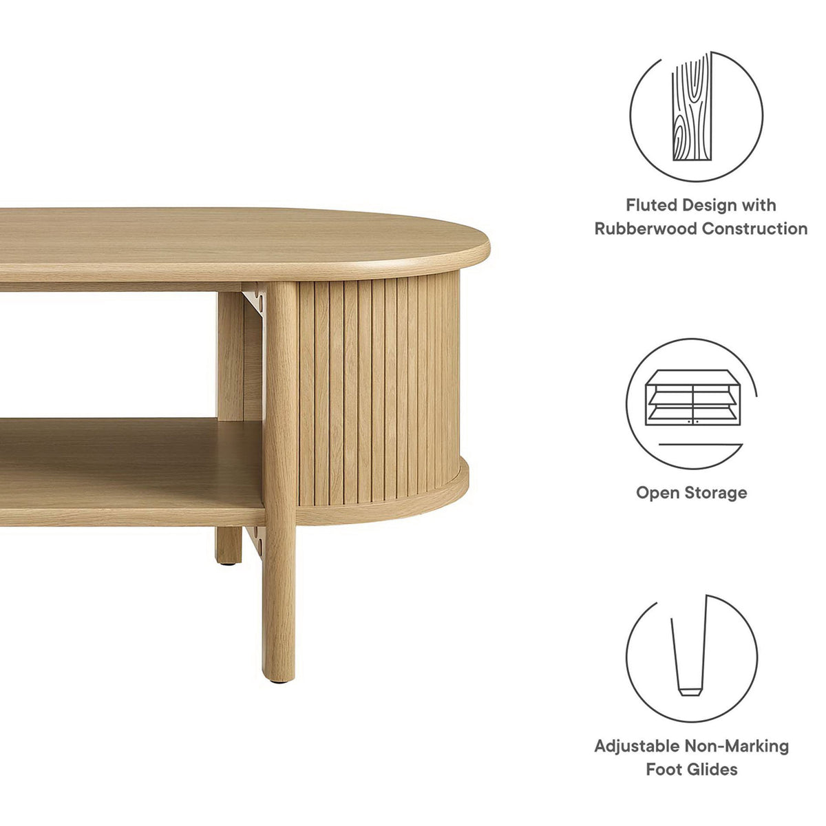 Fluted design, open storage, and protective adjustable glides for everyday living || EEI-6837-OAK || callout_studio