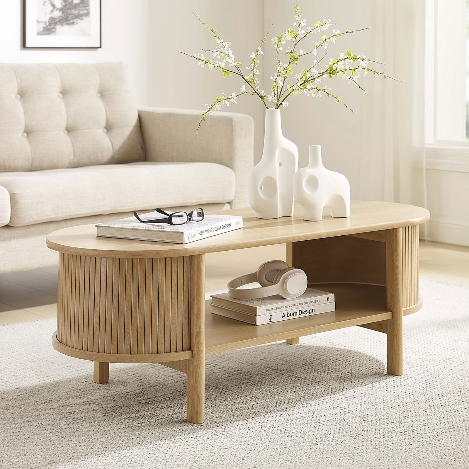 Elevates the living room with mid-century charm and functional open storage || EEI-6837-OAK || front_angle_room