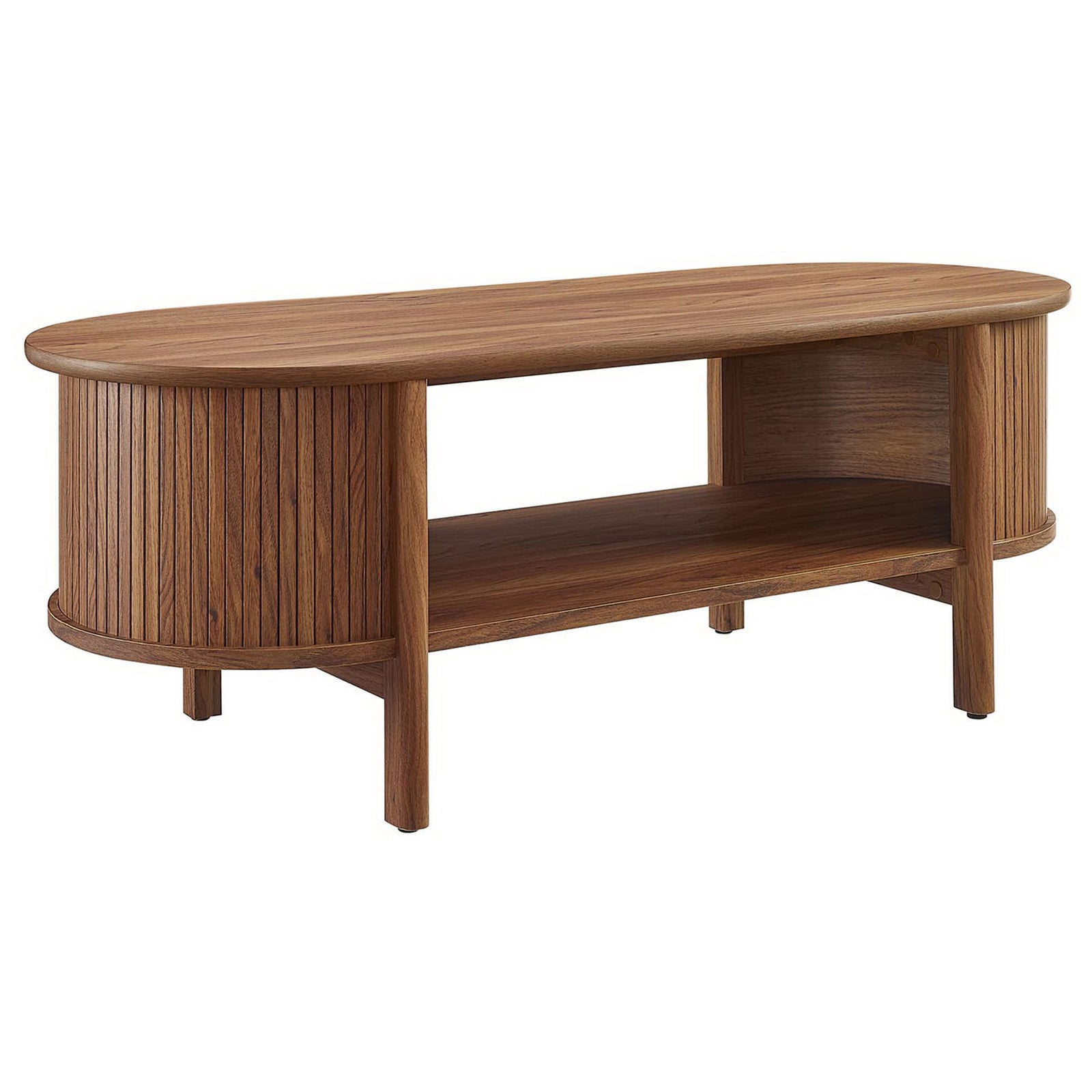 Mid-century oval coffee table in a walnut finish with curved edges and wood grain laminate || EEI-6837-WAL || front_angle_studio
