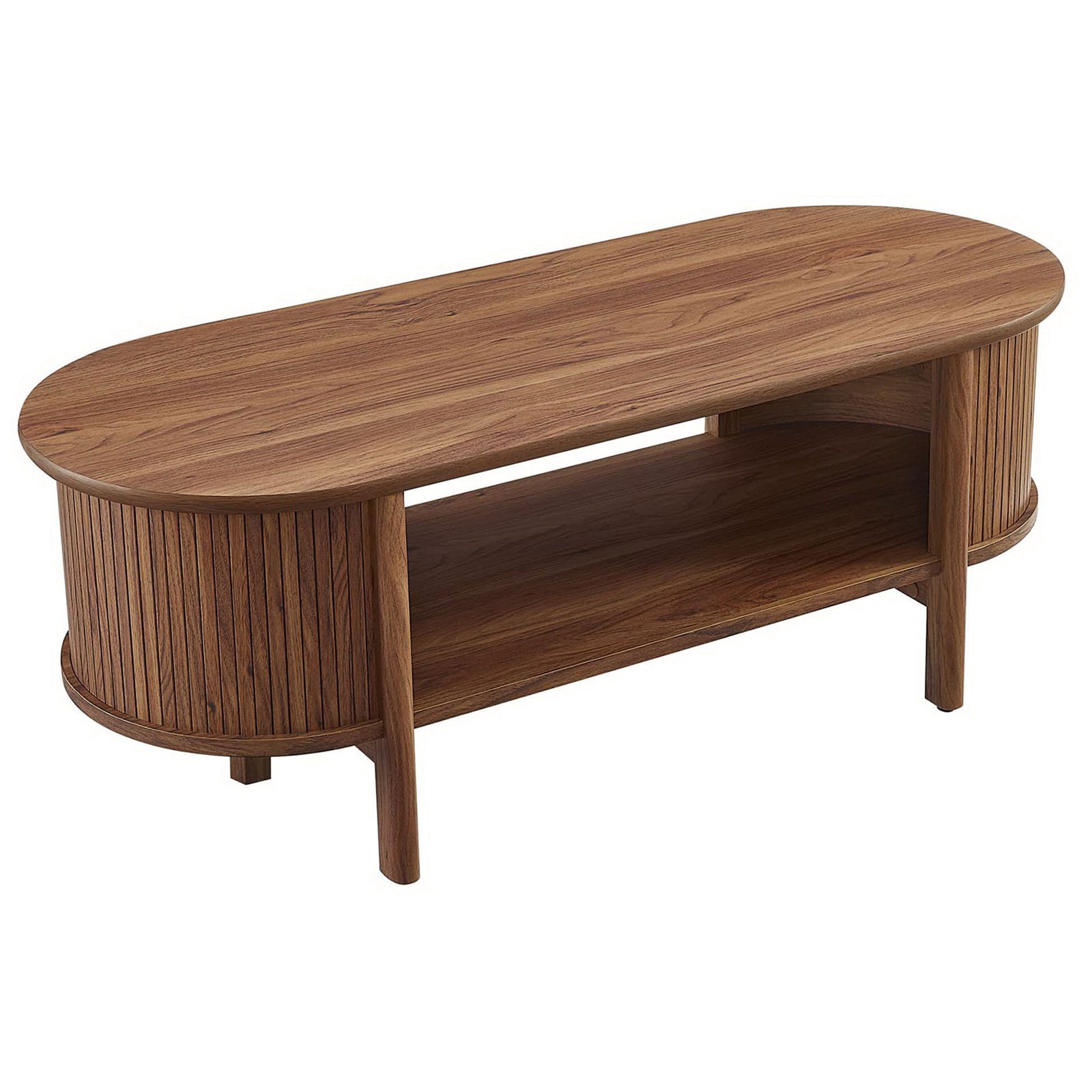 Spacious oval tabletop with rich wood grain and an open lower shelf for books and decor || EEI-6837-WAL || front_angle_studio